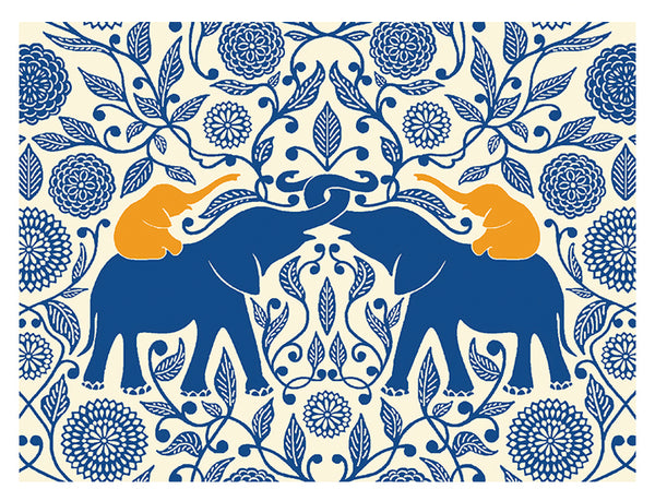 Blue Elephants with Golden Calves Notecard