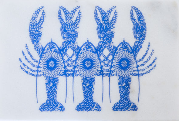 Blue Lobster Triplets on Marble Trivet