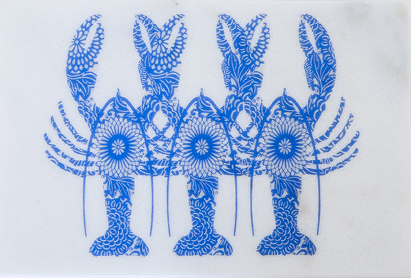 Blue Lobster Triplets on Marble Trivet