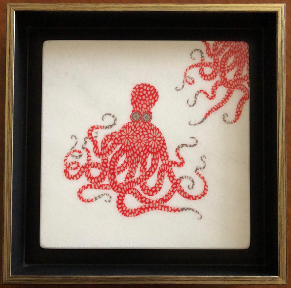 Red Floral Octopus Printed on Marble