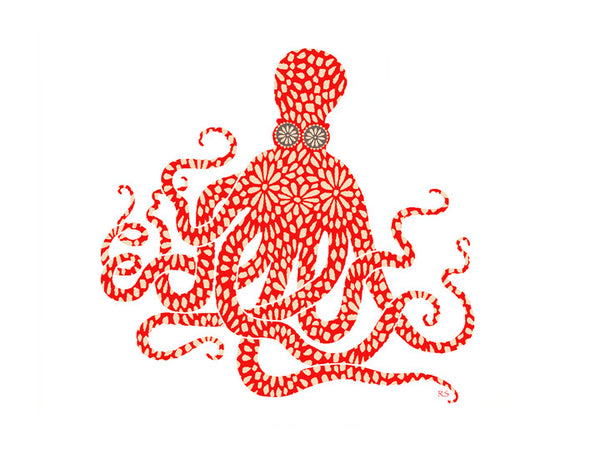 Red Floral Octopus Notecard